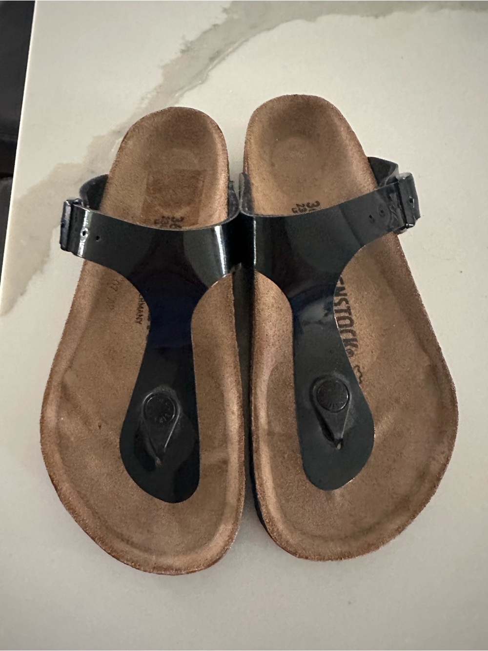 Birkenstock Black Patent Thong Sandals with Buckle Strap